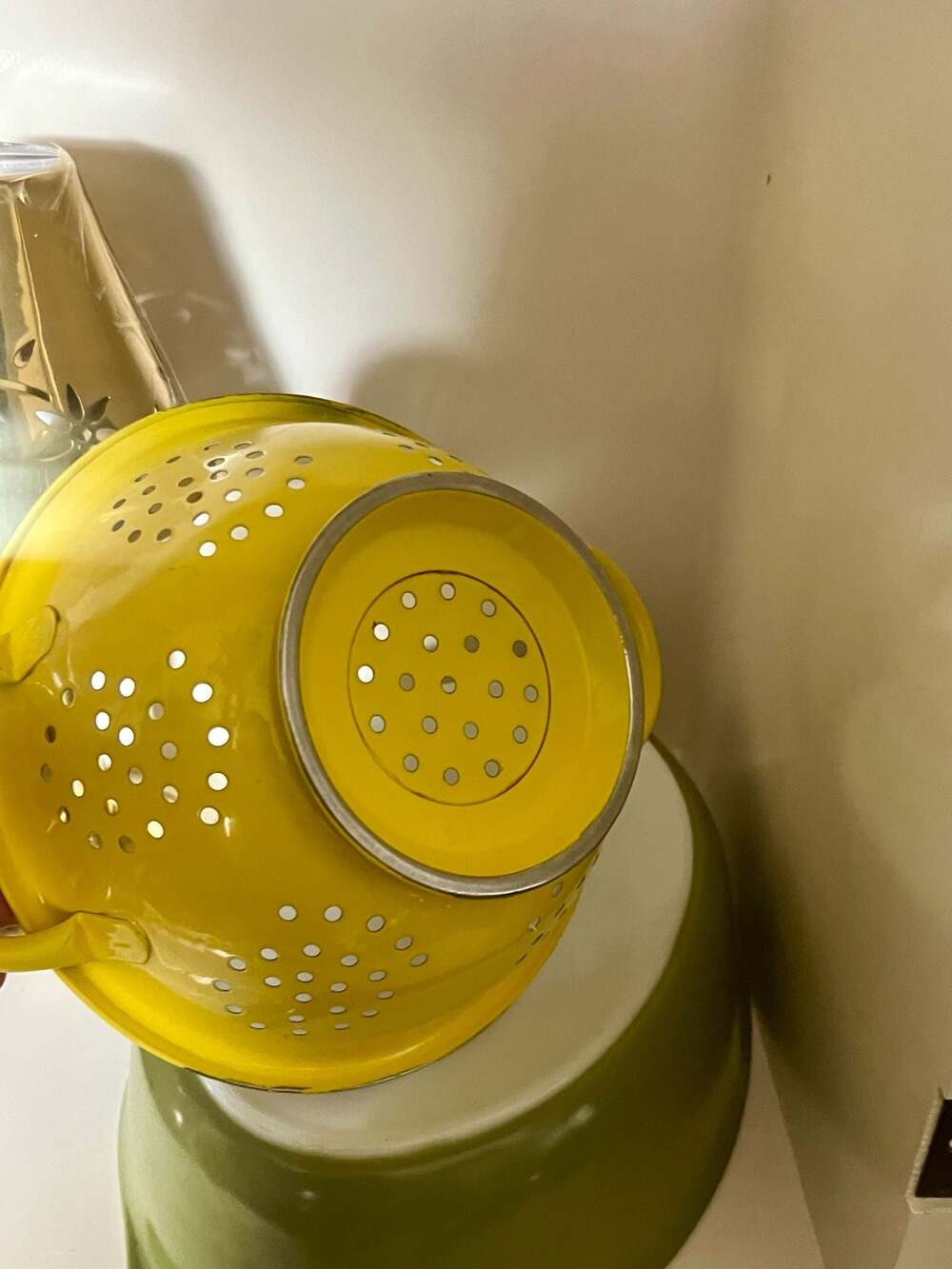 Vintage Yellow Enamelware Pedestal Colander with Black Trim